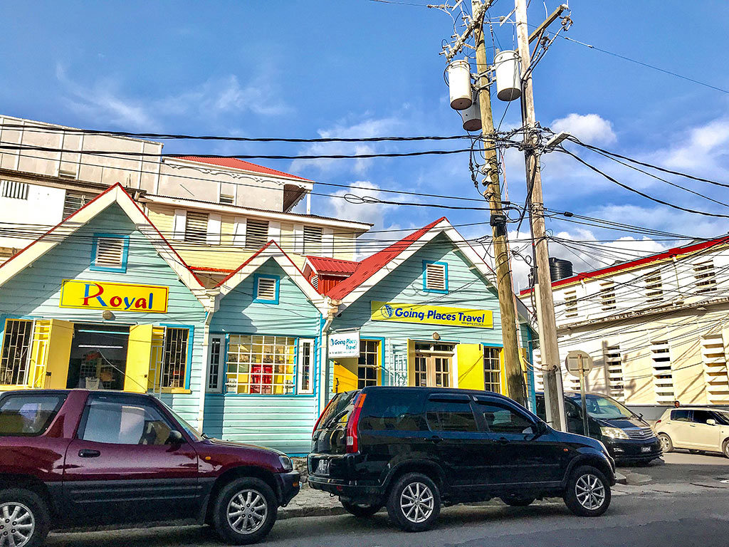 Overhead utility lines pictured outside Going Places Travel Service in Roseau, Dominica