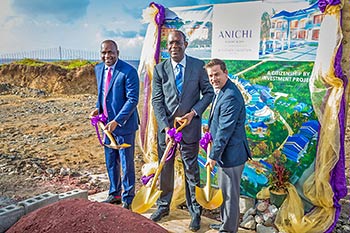 Hon. Roosevelt Skerrit, PM of Dominica, Dr. Michael Lawrence, Director of Oriental Developers (Caribbean) Ltd. and Brock Hochhalter, Area Director of Operations for the Caribbean and Latin America at Marriott international prepare to turn the earth