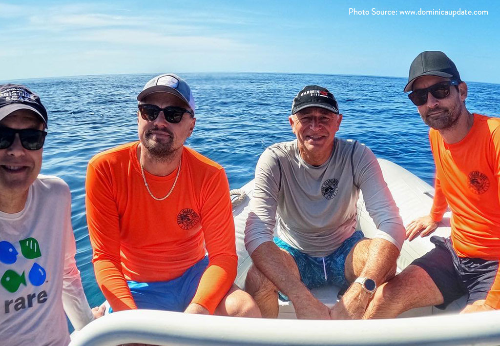Leonardo Dicaprio, Tobias Maguire, Enric Sala and local watersports operator, Nature Island Dive, off the coast of Dominica.
