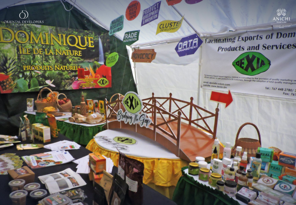 The DEXIA exhibition stand at Ti Vilaj Kweyol (2024) highlights Dominica's rapidly expanding export sector.