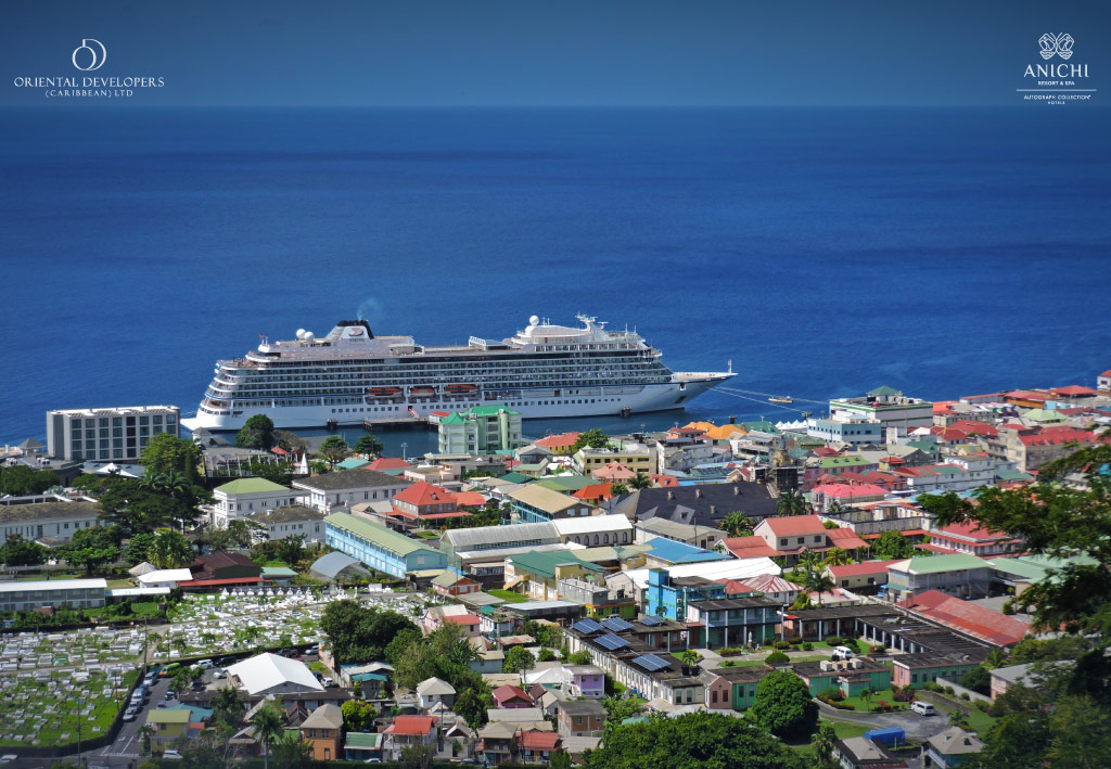 A cruise ship docked in Roseau, the vibrant capital of Dominica.